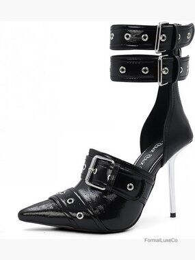 Women's Pointed Toe Stiletto Heels Ankle Strap Metallic Heels Prom Pumps